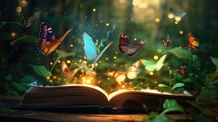 Fairy Magic. Open Book of Elves in the Fairy Forest with Growing Lights and Butterflies