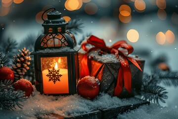 Wall Mural - Lit candle snow gift winter flame present