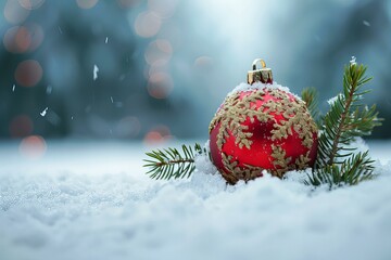 Wall Mural - A festive red ornament with gold accents on snowy ground