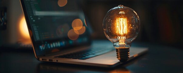 Glowing Light Bulb with Laptop on Dark Background