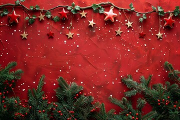 Wall Mural - Festive ornaments red backdrop stars holly twigs