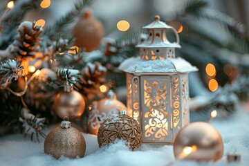 Wall Mural - Snow covered lantern with festive decorations