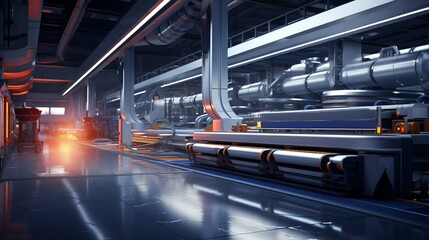 A futuristic industrial space with a lot of pipes and machinery