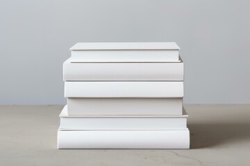 Neat pile of generic white books with no labels, against a plain background