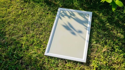 Poster - A white mirror is laying on the grass, mockup