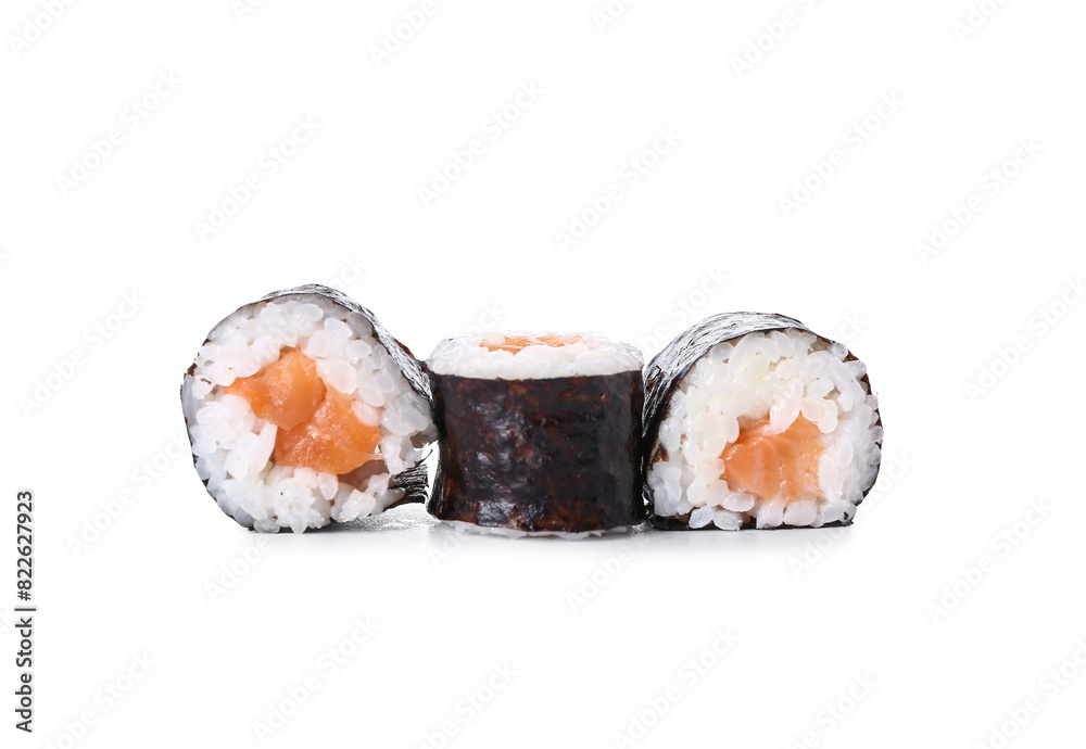 Tasty sushi rolls on white background