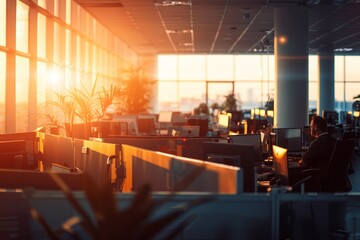 Wall Mural - A large office with many desks and a person sitting at one of them