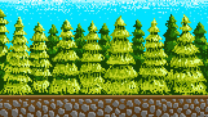 Fototapete - Christmas trees, snowy forest. Pixel art 8 bit objects. landscape background for the application or a website. Retro game assets. Vintage computer video arcades. Vector illustration.