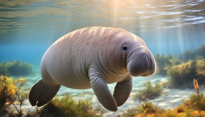 manatee swimming in clear water