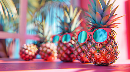 Wall Mural - Colorful Pineapple with Sunglasses on Pink Background, Trendy and Fun Summer Fruit Concept
