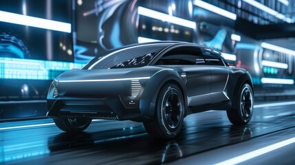 A futuristic SUV advances in front of the background image details of the vision system