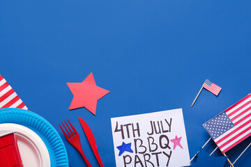 Wall Mural - Card with text 4th JULY BBQ PARTY and dinnerware on color background. Independence Day celebration