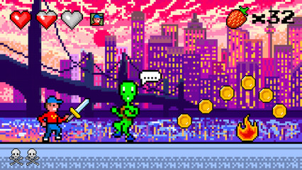Fototapete - Pixel Modern city. The game character collects coins. Passing levels and number of lives. art 8 bit objects. Background for the application or a website. Retro game poster for computer video arcades.