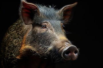 Mystic portrait of Southeast Asian Wild Boar studio, copy space on right side, Anger, Menacing, Headshot, Close-up View Isolated on black background