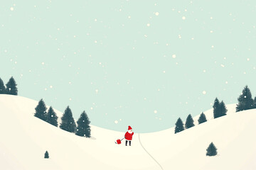 Wall Mural - A cartoon of a santa standing in the snow with a dog