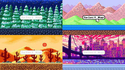 Fototapete - Modern city. Mountains. Cacti in the desert. Christmas trees. Pixel art 8 bit objects. landscape background for the application or a website. Retro game, Vintage banner for computer video arcades.