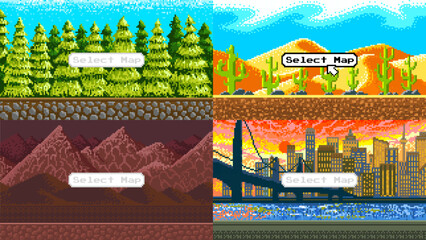 Fototapete - Modern city. Mountains. Cacti in the desert. Christmas trees. Pixel art 8 bit objects. landscape background for the application or a website. Retro game, Vintage banner for computer video arcades.