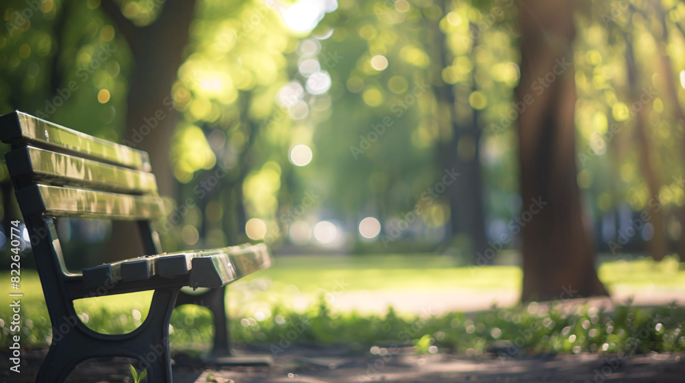 An Empty Bench Empty park bench in summer. Peaceful scene of an empty bench in a sunny ...