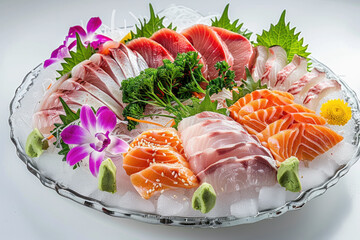 Wall Mural - Assorted Sashimi Platter with Fresh Salmon, Tuna, and Garnishes