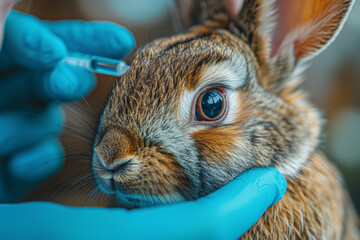 Canvas Print - A veterinarian administering eye drops to a rabbit with an infection. Concept of eye health and veterinary treatment. Generative Ai.