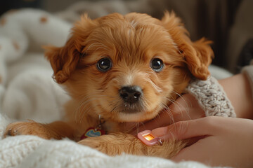 Poster - a puppy receiving a microchip implant for identification and safety. concept of pet identification a