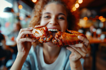 Eating fast food wings and drumsticks, indulging in greasy and giant portions of food, perfect for those who are extremely hungry