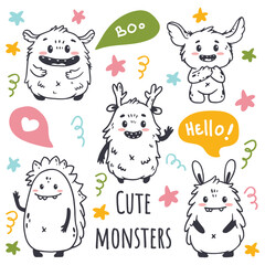 Wall Mural - set of cartoon monsters. Cute monsters in doodle style. Kids funny character design for posters, cards, magazins. Line. Vector illustration