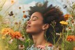 © Dina - black woman  in the field of flowers breathing in the meadow. Allergy issues.