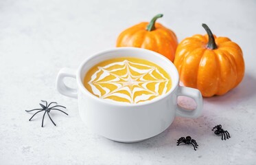 Wall Mural - Pumpkin soup decorated with cream spider web for Halloween holidays