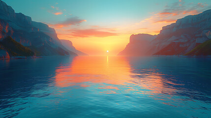 Wall Mural - Sunset over Rocky Mountains and Ocean: Serene Landscape