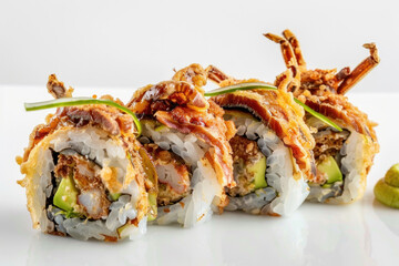 Wall Mural - Crispy Tempura Spider Roll with Avocado, Soft-shell Crab, and Wasabi on a White Plate