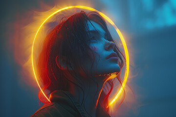 Wall Mural - An iridescent halo hovering above a person, like a beacon of hope and guidance. Concept of divine intervention and protection. Generative Ai.