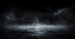 © Imane - 3D rendering old wet asphalt neon lights street with smoke on black background