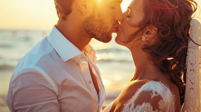 Caucasian bride and groom kissing at sunset on beach. White bridal couple embracing at seaside twilight. Concept of love, romance, wedding, sunset beach ceremony