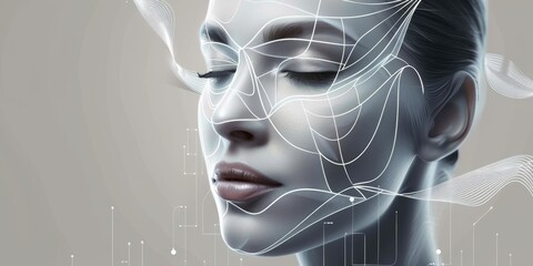 Lifting lines, advertising of face contour correction, female face skin lifting. Facial rejuvenation concept, cosmetology