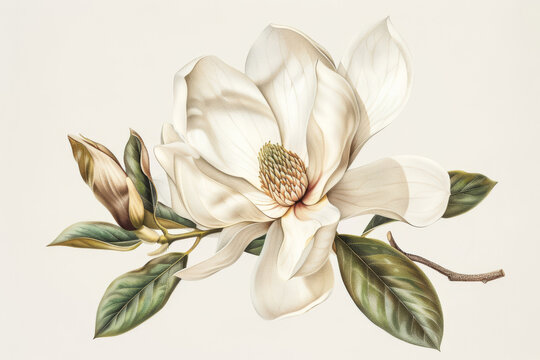 Elegant vintage botanical illustration depicting a blooming magnolia with leaves and bud, rendered in exquisite detail on a neutral background
