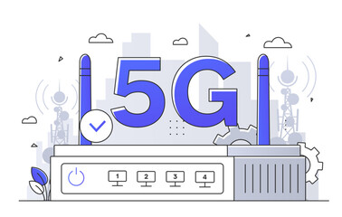 Poster - 5g network simple style concept. Wireless connection and communication. Modern router and connector. Linear flat vector illustration isolated on white background