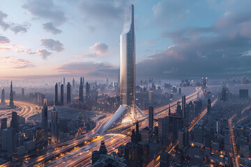 Poster - a futuristic skyscraper towering over the city skyline, its sleek glass facade reflecting the lights