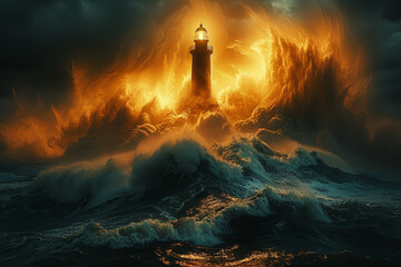 Wall Mural - A solitary lighthouse standing sentinel against the crashing waves, its beacon guiding ships safely to shore through the darkness of the night. Concept of guidance and perseverance. Generative Ai.