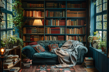 Poster - A cozy reading nook bathed in soft lamplight, shelves lined with books inviting exploration into distant worlds and realms of imagination. Concept of literary escape and discovery. Generative Ai.