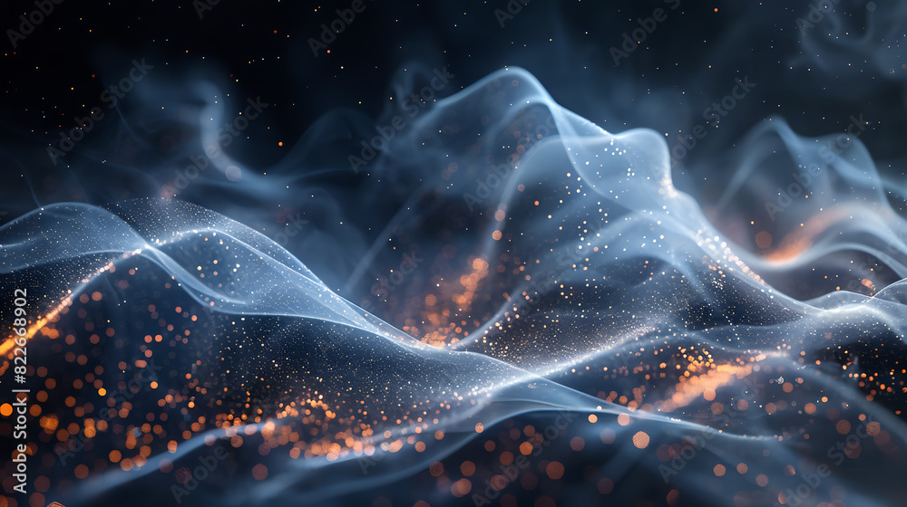 Abstract waves of glowing particles and light trails on a dark ...