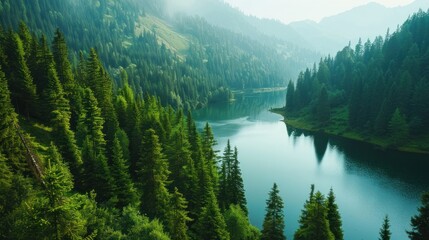 Wall Mural - Beautiful green forest with spruce and pine trees and lake on mountains background. Generated AI