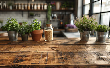 Wall Mural - Wooden texture table top on blurred kitchen window background. Studio photo for product display or design key visual layout. For showcase or montage your items (or foods). Mock up. Generative AI