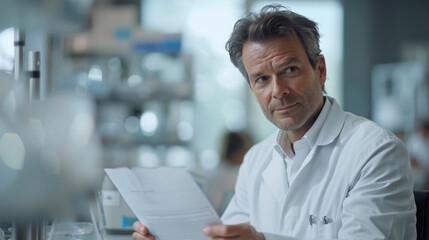 Poster - Mature male scientist carefully reading a document in a modern laboratory setting.