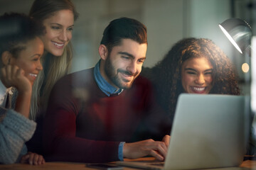 Aufkleber - Collaboration, design and laptop with team of business people in office at night for project deadline. Computer, diversity and smile of designer employee group in workplace for web development