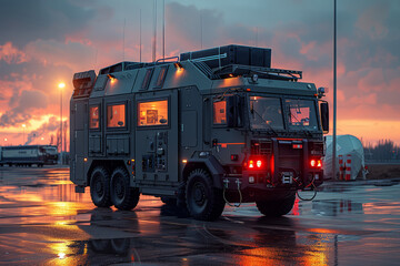 Poster - Mobile command center coordinating battlefield operations with real-time intelligence and communication capabilities. Concept of tactical command and control. Generative Ai.