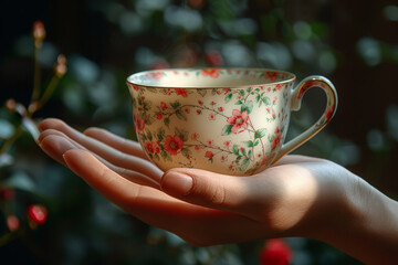 Sticker - A dainty teacup adorned with delicate floral patterns, cradled in the palm of a hand, radiating warmth and comfort. Concept of elegance and refinement. Generative Ai.