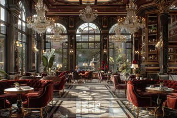 Poster - An elegant tea salon adorned with crystal chandeliers and plush velvet chairs, offering a refined setting for afternoon tea service. Concept of luxury and indulgence. Generative Ai.