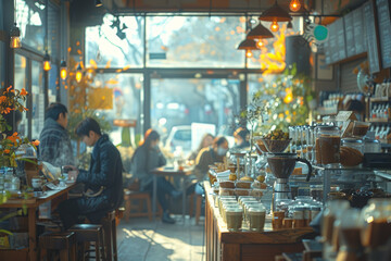 Aufkleber - A bustling metropolitan cafe scene with patrons enjoying trendy matcha lattes and artisanal pour-over coffees. Concept of urban lifestyle and contemporary beverage trends. Generative Ai.