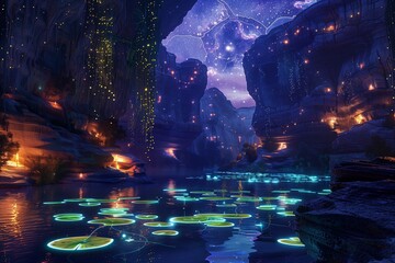 : A canyon with walls covered in bioluminescent vines, illuminating an underground lake with glowing lily pads and a sky of twinkling stars.